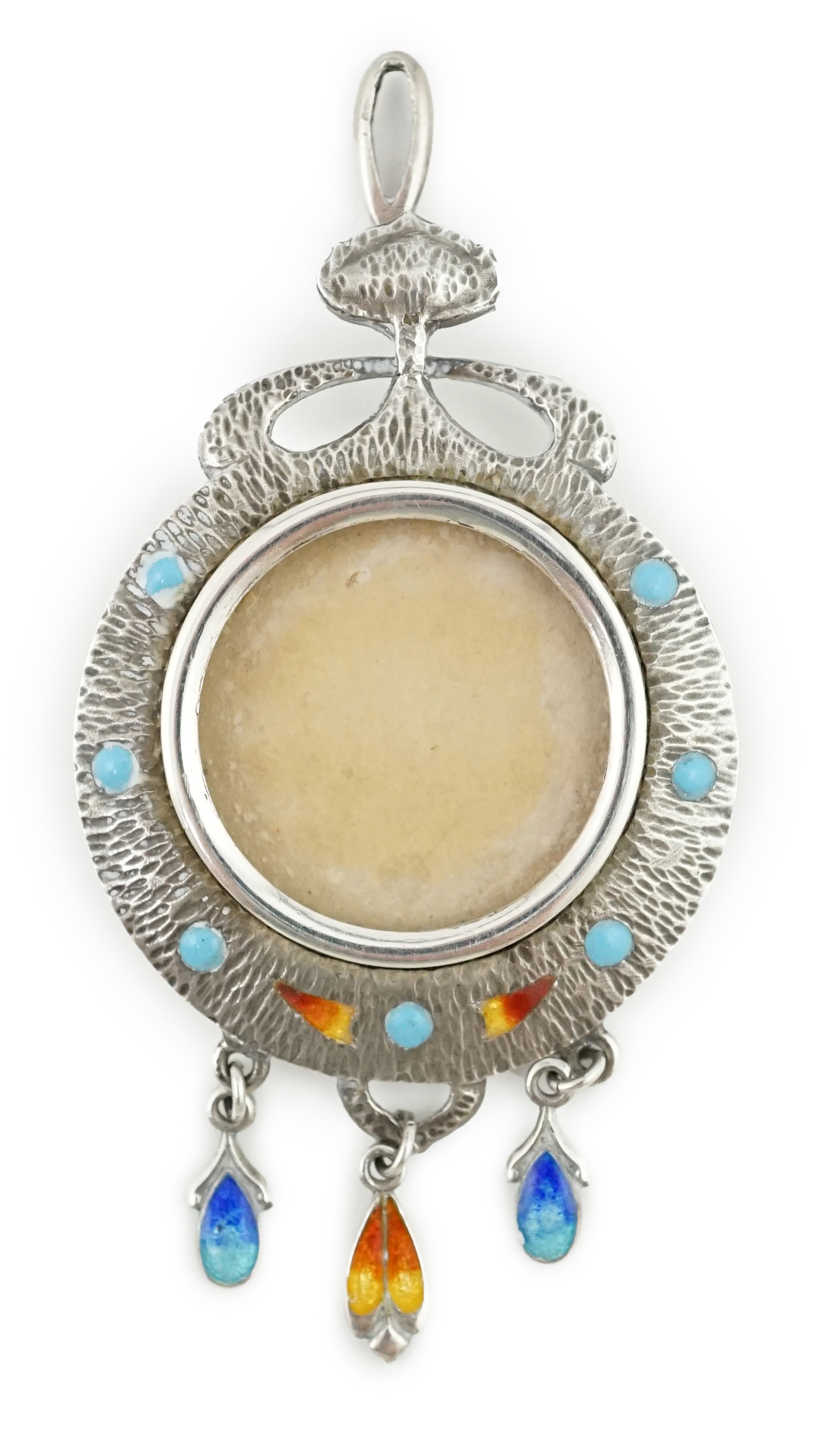 An Edwardian Art Nouveau silver, enamelled and turquoise inset bark textured silver portrait pendant, Abrahall & Bint, Birmingham, 1906, 58mm. Condition - poor to fair